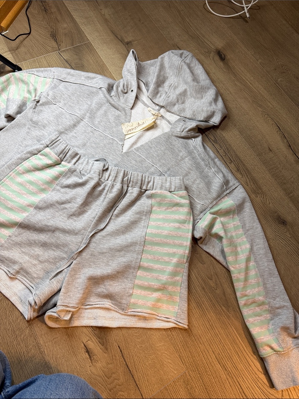2 piece set- Mystree Gray Hooded Sweatshirt and shorts with Mint Stripe Accents